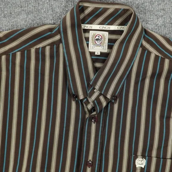 Cinch Shirt Mens Large Brown Blue Striped Western Button Front Cotton Casual - Picture 3 of 8